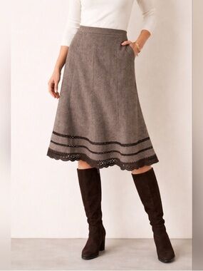 Talbots Vintage Brown A-Line Wool Silk Skirt with Crochet Lace Hem